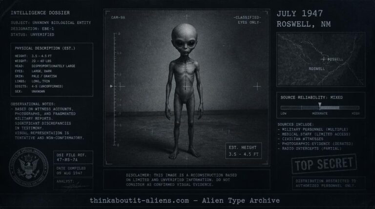 Dossier-style illustration of the entity type associated with the 1947 Roswell crash, based on later, mixed-reliability witness testimony