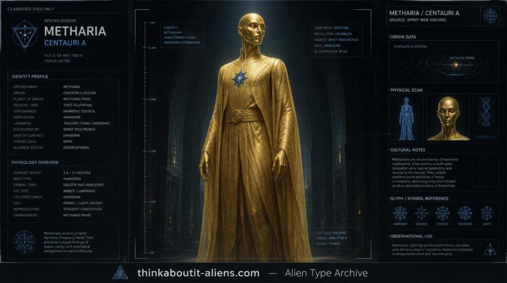 Santinians: Dossier-style illustration of a Santinian, the tall golden-skinned humanoid from Metharia in the Alpha Centauri system