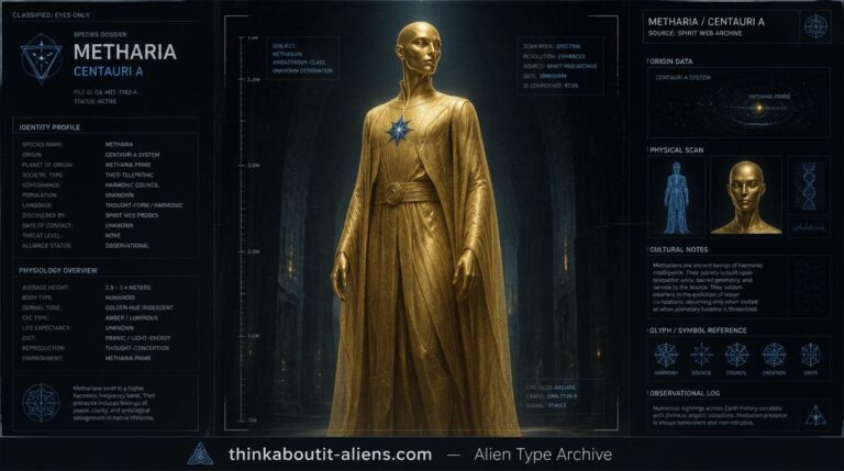 Santinians: Dossier-style illustration of a Santinian, the tall golden-skinned humanoid from Metharia in the Alpha Centauri system