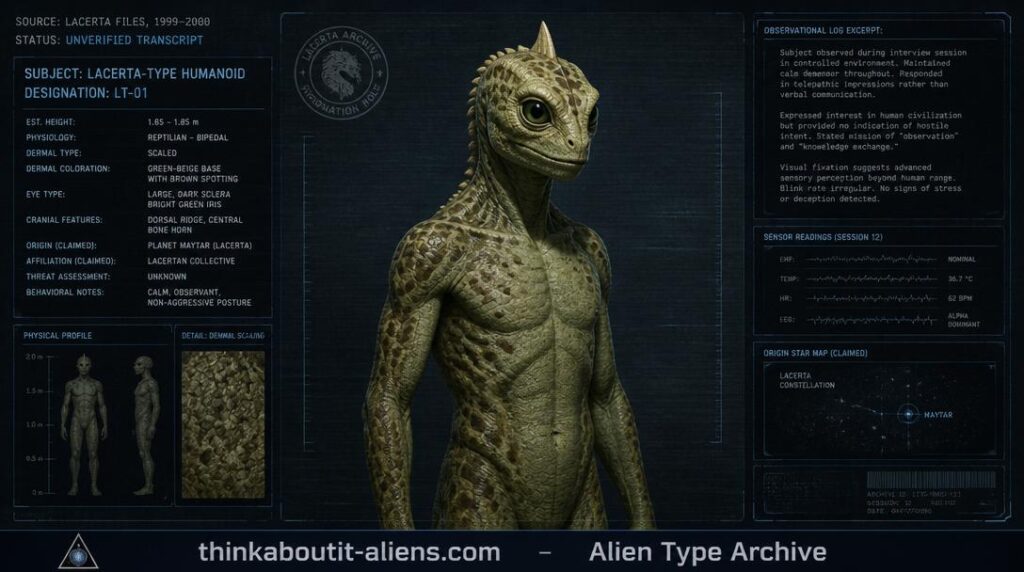 Dossier-style illustration of a Saurian, the Earth-native reptilian humanoid described in the 1999 Lacerta Files interview transcript