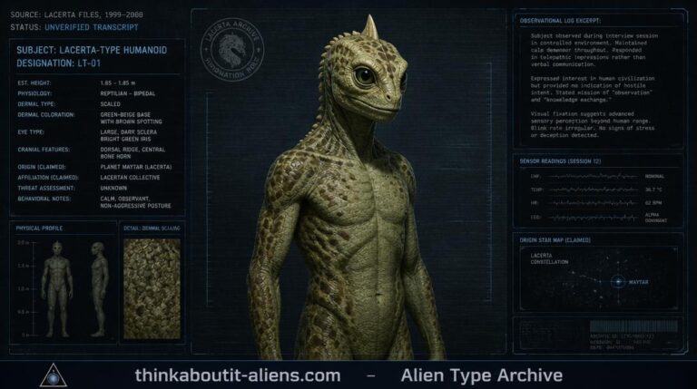 Dossier-style illustration of a Saurian, the Earth-native reptilian humanoid described in the 1999 Lacerta Files interview transcript