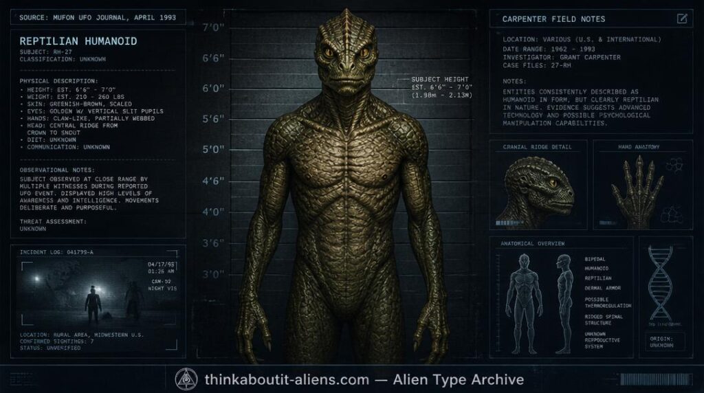 Dossier-style illustration of a Serpent, or "snake-man," the reptilian humanoid phenotype documented by MUFON researcher John Carpenter in 1993