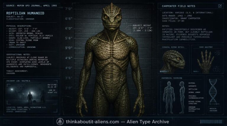 Dossier-style illustration of a Serpent, or "snake-man," the reptilian humanoid phenotype documented by MUFON researcher John Carpenter in 1993