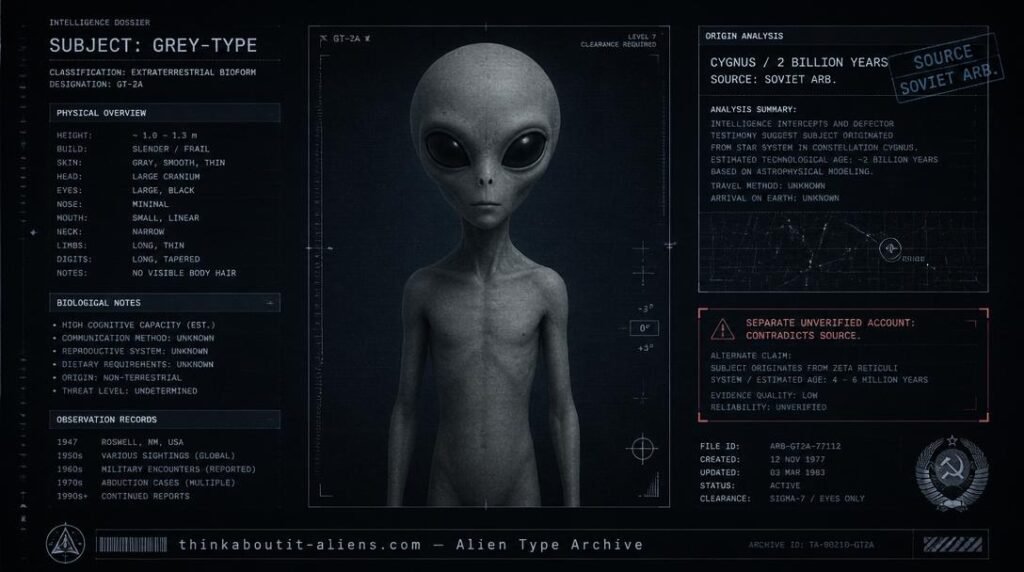 Dossier-style illustration of a Solipsi Rai, the peaceful Grey-type entity from Cygnus documented in the Soviet-era Alien Race Book
