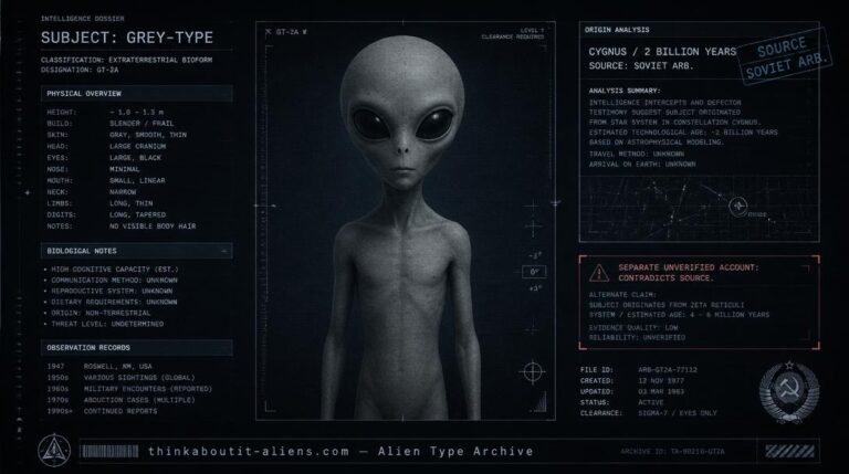 Dossier-style illustration of a Solipsi Rai, the peaceful Grey-type entity from Cygnus documented in the Soviet-era Alien Race Book