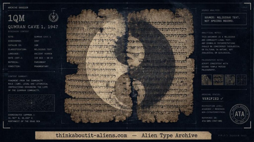 Archival-style illustration referencing the War Scroll and the Sons of Darkness/Sons of Light dualism from the Dead Sea Scrolls