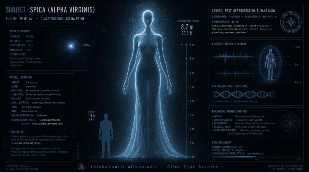 Dossier-style illustration of a Spican, the 13-foot humanoid described by Barbara Hand Clow as originating from Spica in Virgo