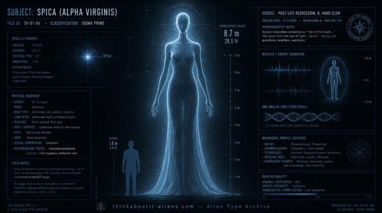 Dossier-style illustration of a Spican, the 13-foot humanoid described by Barbara Hand Clow as originating from Spica in Virgo