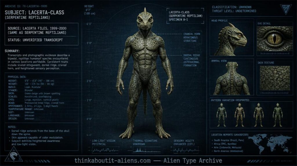 Dossier-style illustration of a Saurian, the Earth-native reptilian humanoid from the 1999 Lacerta Files, also documented in this archive's Serpentine Reptilians entry