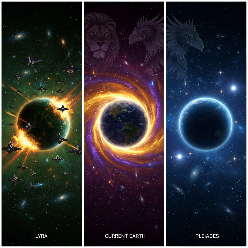 A cosmic depiction of the three Earth experiments: Lyra, Pleiades, and our current Earth.