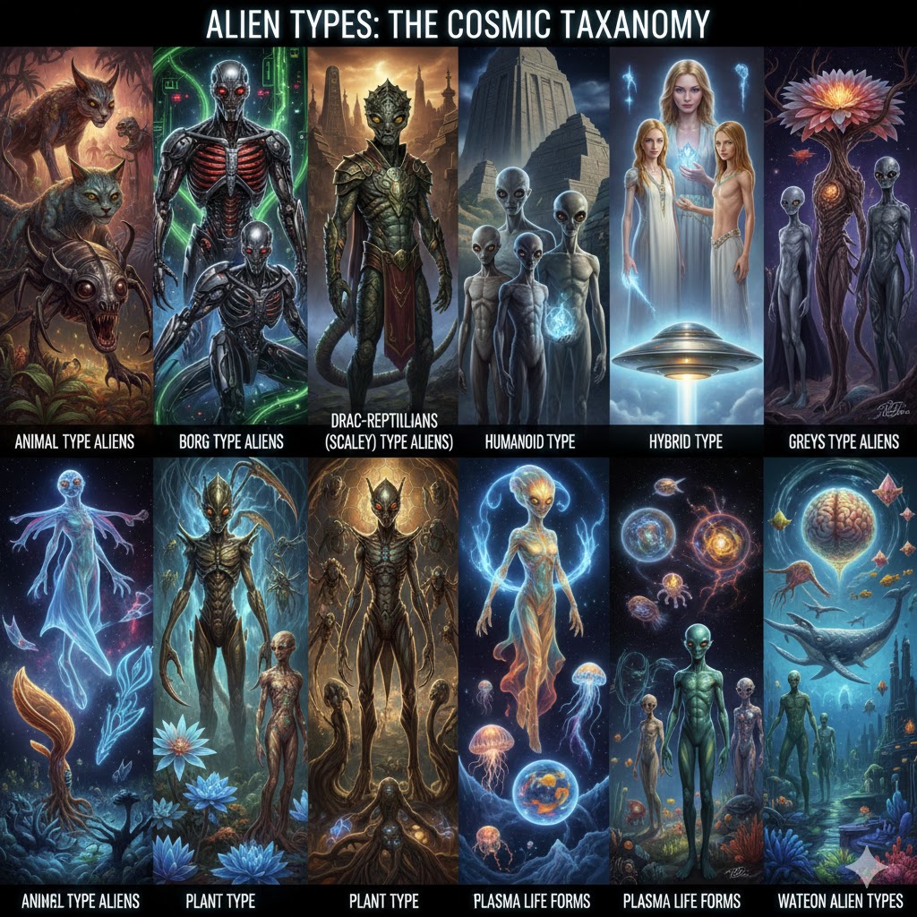 Comprehensive collage of alien types including Greys, Reptilians, Humanoids, and Plasma life forms for exobiology research.