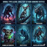 A directory of Animal Type Aliens and non-humanoid entities including Chupacabras and Feline Aliens.
