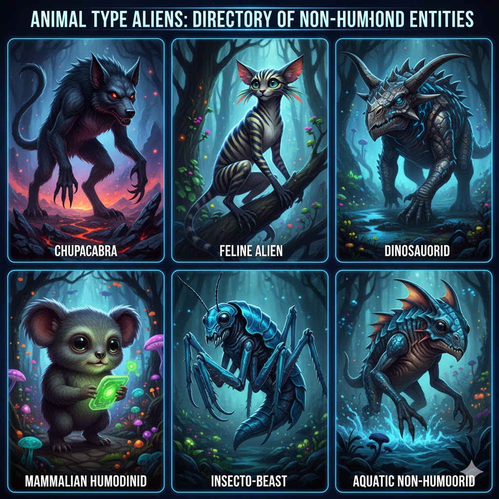 A directory of Animal Type Aliens and non-humanoid entities including Chupacabras and Feline Aliens.