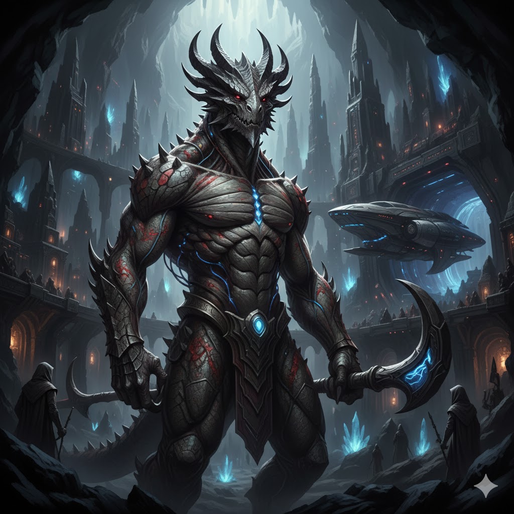 Drac-Reptilian Alpha-Draconian entity in a subterranean cavern.