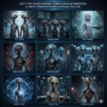 A collage of diverse Grey Type Aliens including Tall Greys, Zeta Reticulans, and Hybrid entities.