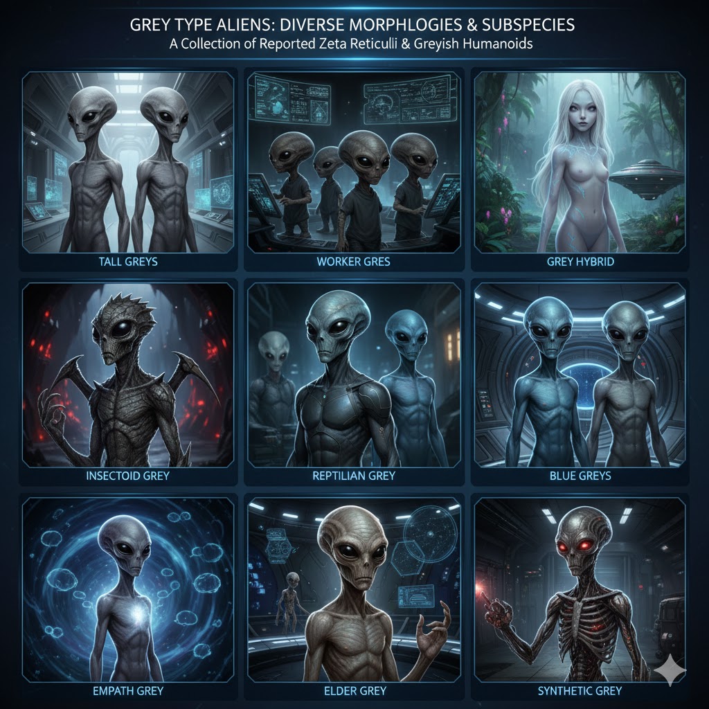A collage of diverse Grey Type Aliens including Tall Greys, Zeta Reticulans, and Hybrid entities.