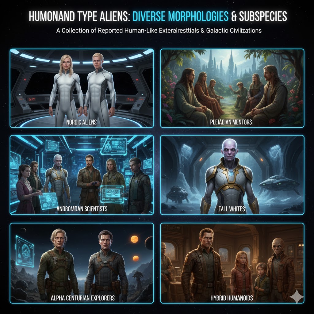 A diverse collage of Humanoid Type Aliens including Nordic, Pleiadian, and Tall White entities.