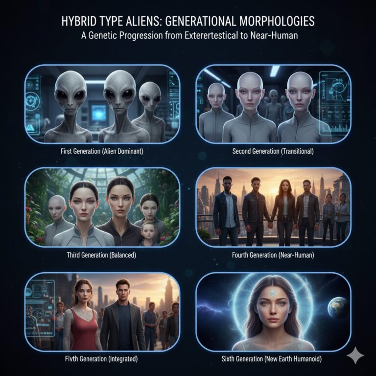A collage of Hybrid Type Aliens showing genetic generations from alien-dominant to near-human.
