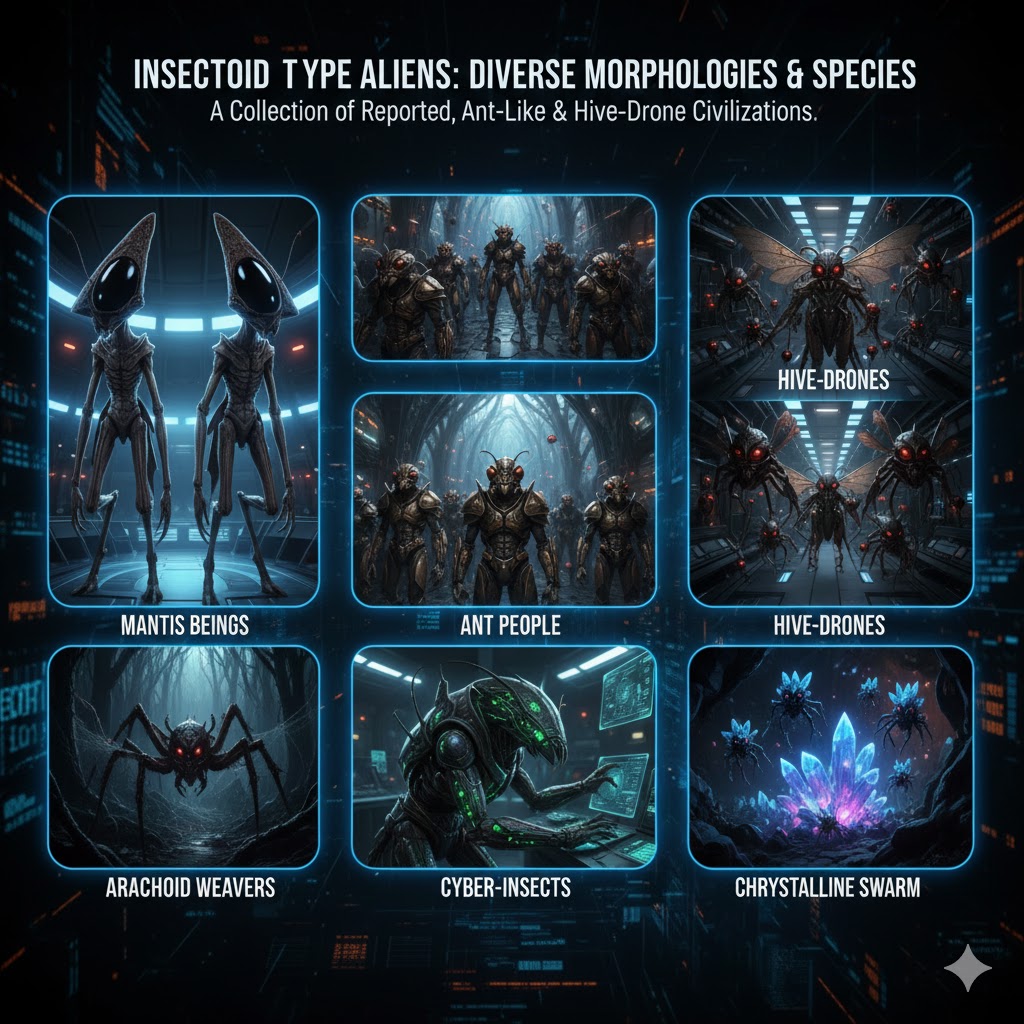 A detailed collage of Insectoid Type Aliens including Mantis Beings, Ant People, and Hive-Drones.
