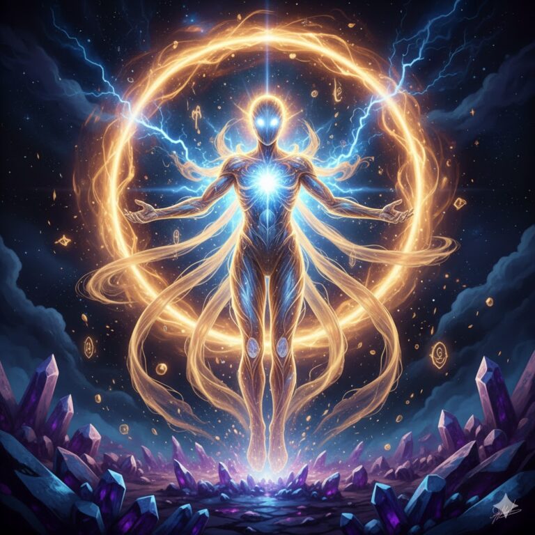 A high-detail image of a Light Type Alien Luminous Being emerging from a golden energy portal.