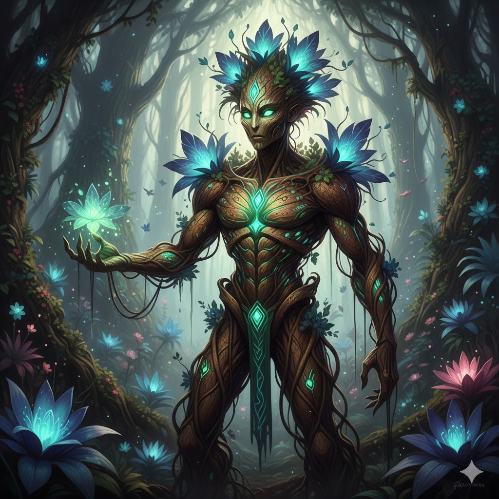 Sentient Guardian Plant Type Alien with bioluminescent flora.