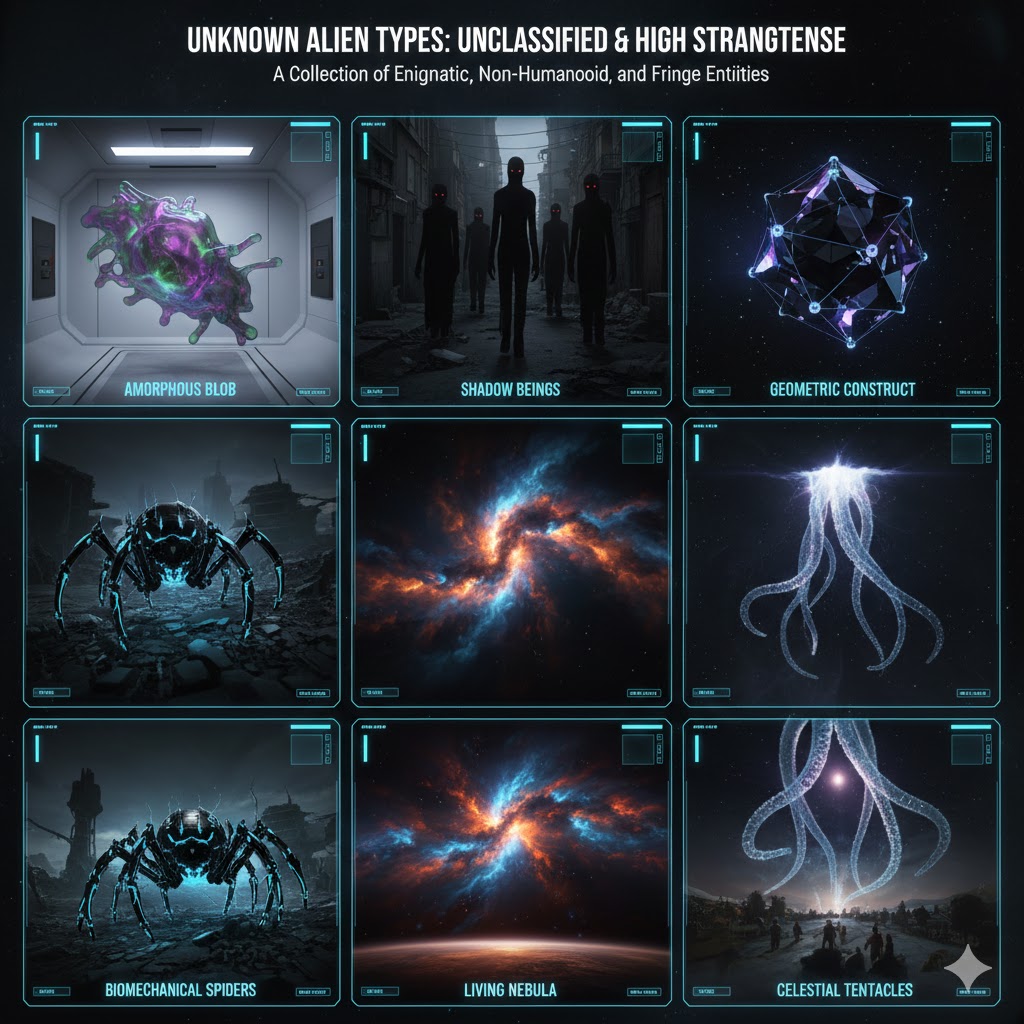 A collage of Unknown Alien Types including amorphous blobs, shadow beings, and geometric constructs.