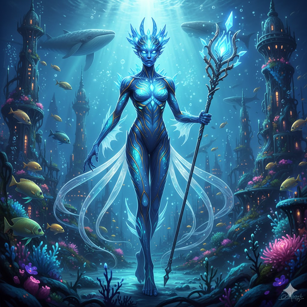 An Aquatic Guardian blue-skinned humanoid in an underwater city.