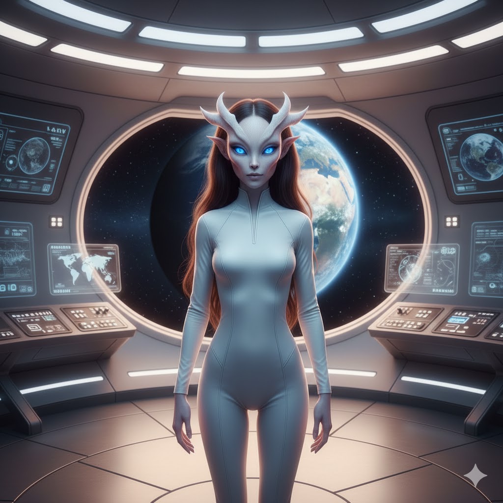 Acali alien female on spacecraft with forehead crests and blue eyes