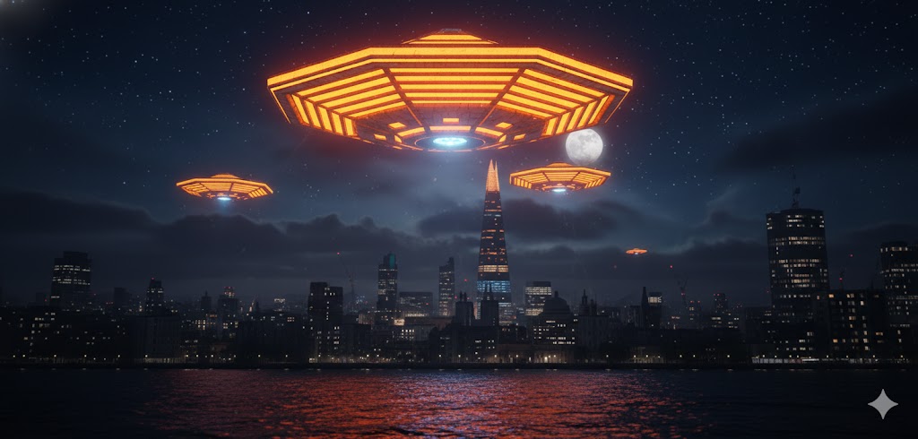 Airk octagonal glowing orange UFO flying over a night skyline in London