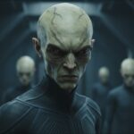 Portrait of Alcohbata alien beings with red eyes and pale green skin from Perseus Cluster
