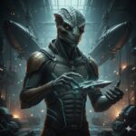 Portrait of an Allgruulk engineer from the Sculptor Constellation with amber eyes and reptilian scales