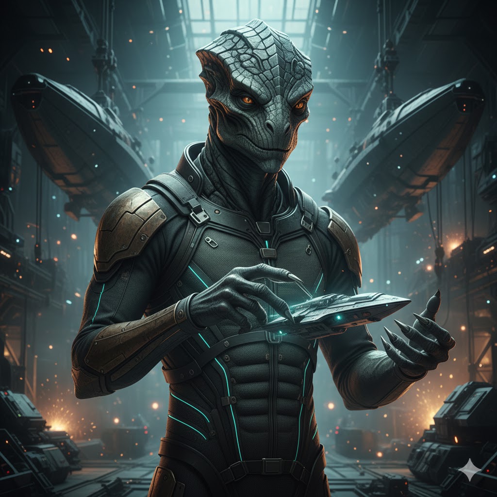 Portrait of an Allgruulk engineer from the Sculptor Constellation with amber eyes and reptilian scales