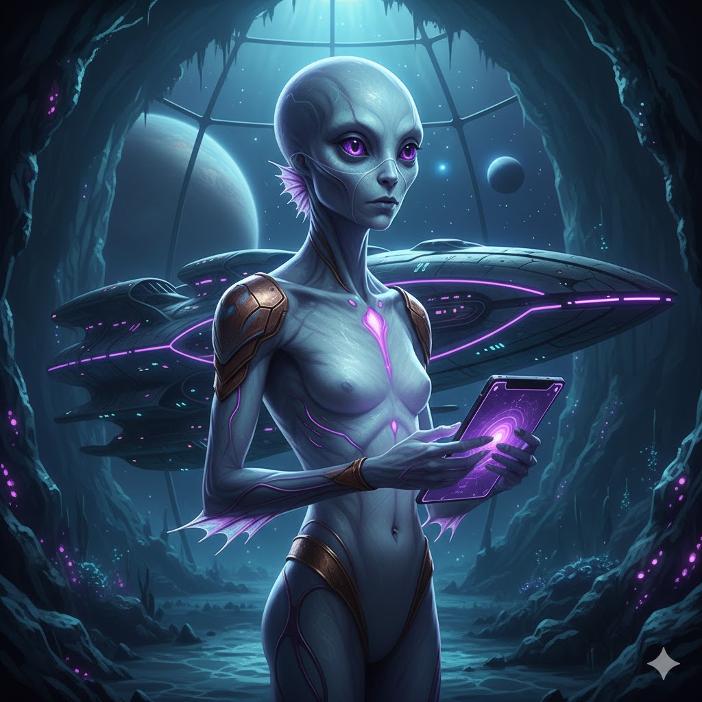 Portrait of an Alpha Centaurian Santinian with bluish-gray skin and violet eyes in an underwater environment