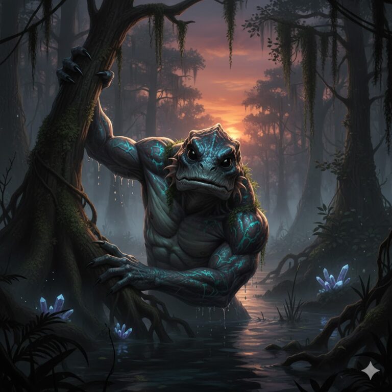 An Amphibian humanoid with bioluminescent skin surfacing from a dark swamp