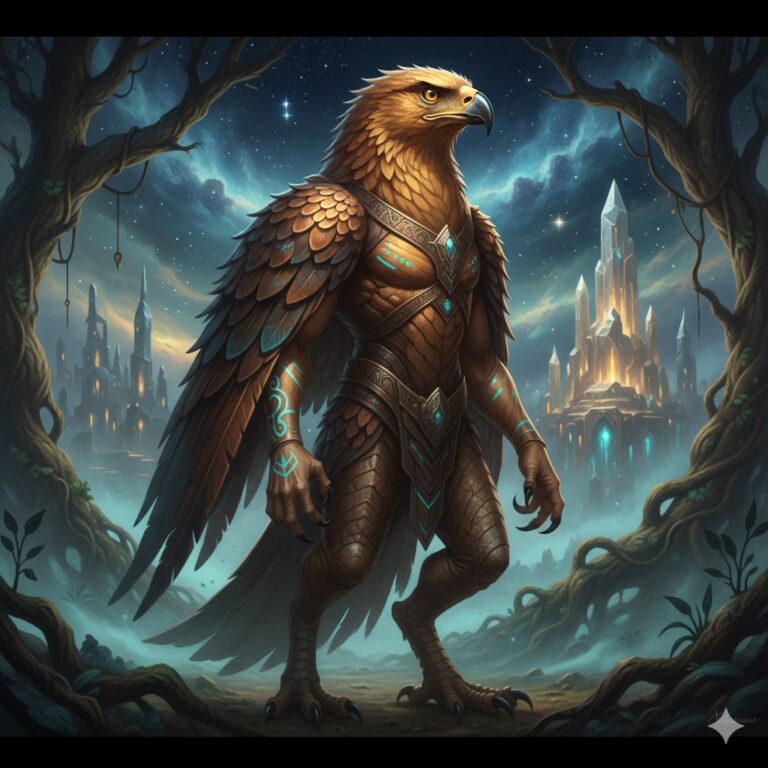 Anabua eagle-humanoid being from the Orion star system standing in a mystical forest.