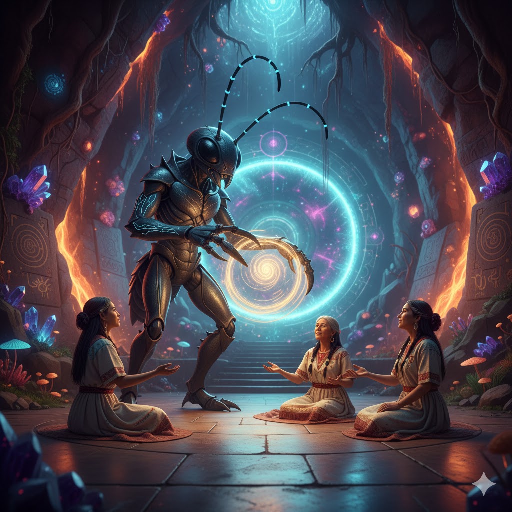 An Ant Person guardian interacting with Hopi women in a sacred crystal cavern.