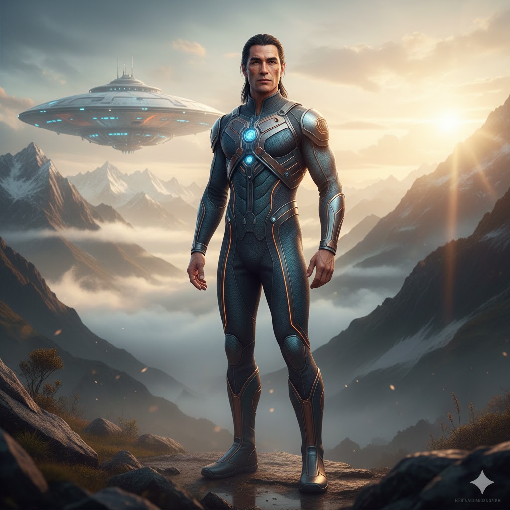 A tall, athletic Apunian pilot standing in a misty Peruvian mountain pass with a silver craft overhead.