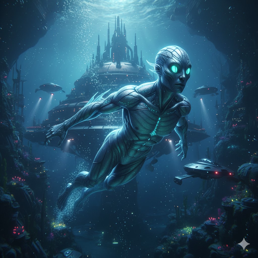 A sleek, bioluminescent Aquatic Humanoid swimming near a high-tech underwater base with USOs.