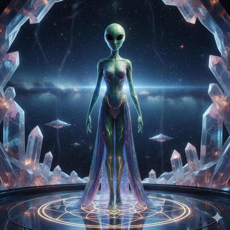 A 5th-dimensional Arcturian standing in a crystalline starship dome with a view of the Bootes Constellation.