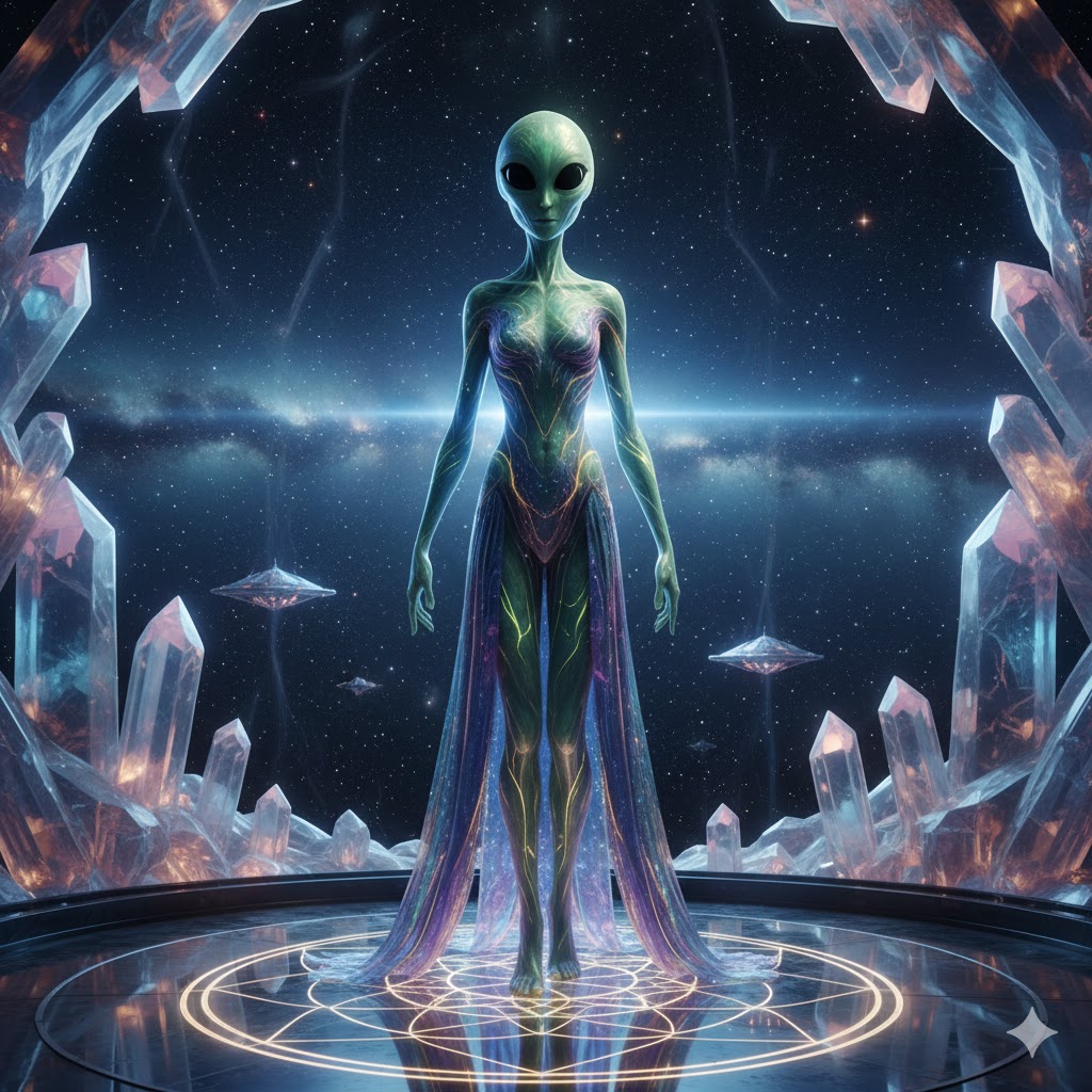 A 5th-dimensional Arcturian standing in a crystalline starship dome with a view of the Bootes Constellation.