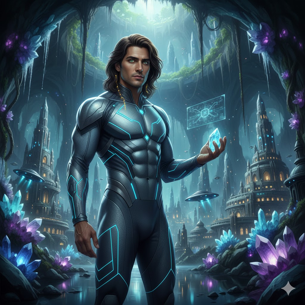 A modern Atlan humanoid standing in a glowing crystal cavern city beneath the Brazilian Matto Grosso rainforest.