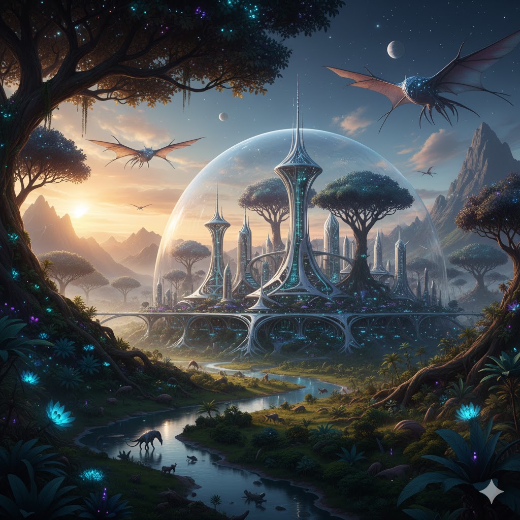 A futuristic Baavian metropolis city under a glass dome surrounded by lush wild nature on planet Baavi.