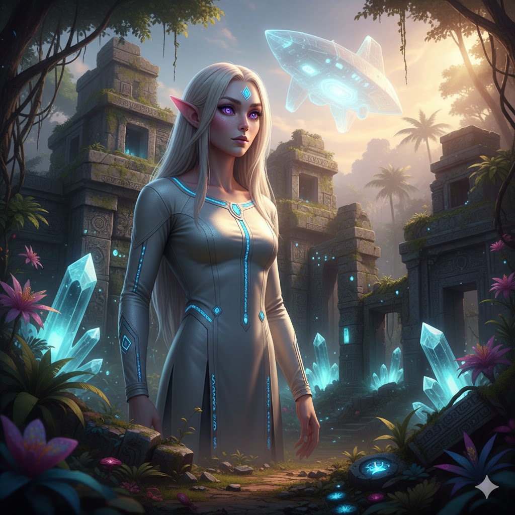 A 9-foot tall Bawwi Giant standing before an ancient Lemurian temple with a glowing translucent starship above.