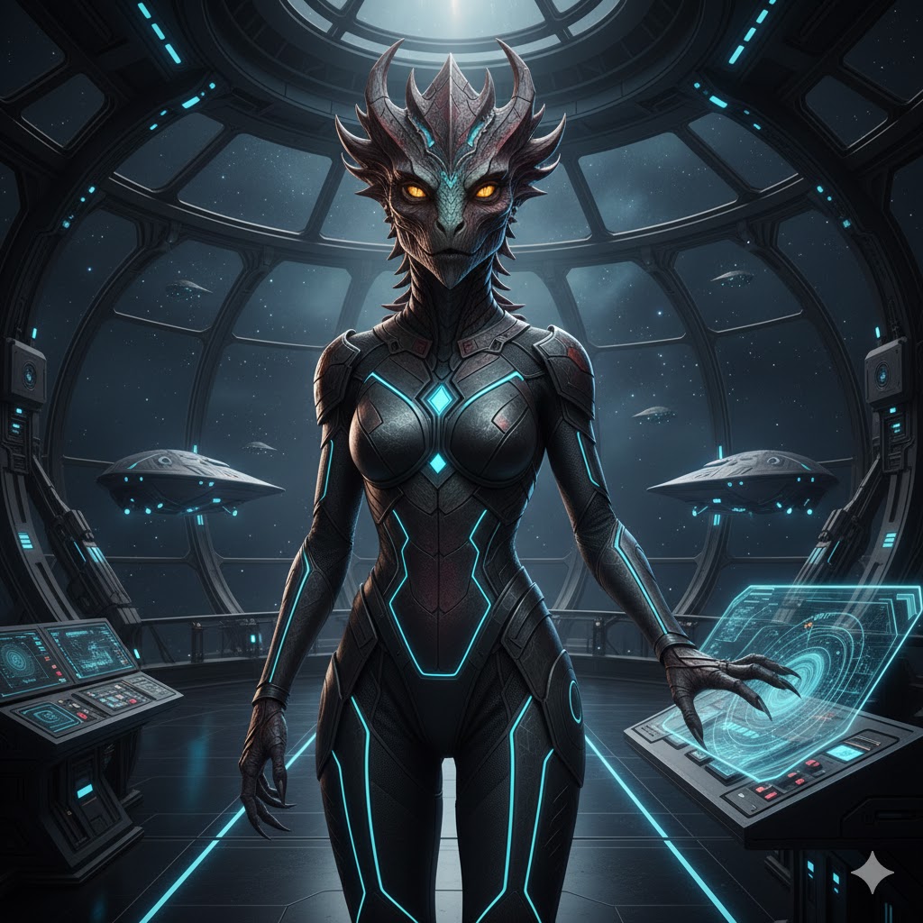 A 10-foot tall female Bellatrician with a large bony crest standing inside a tadpole-shaped mothership.