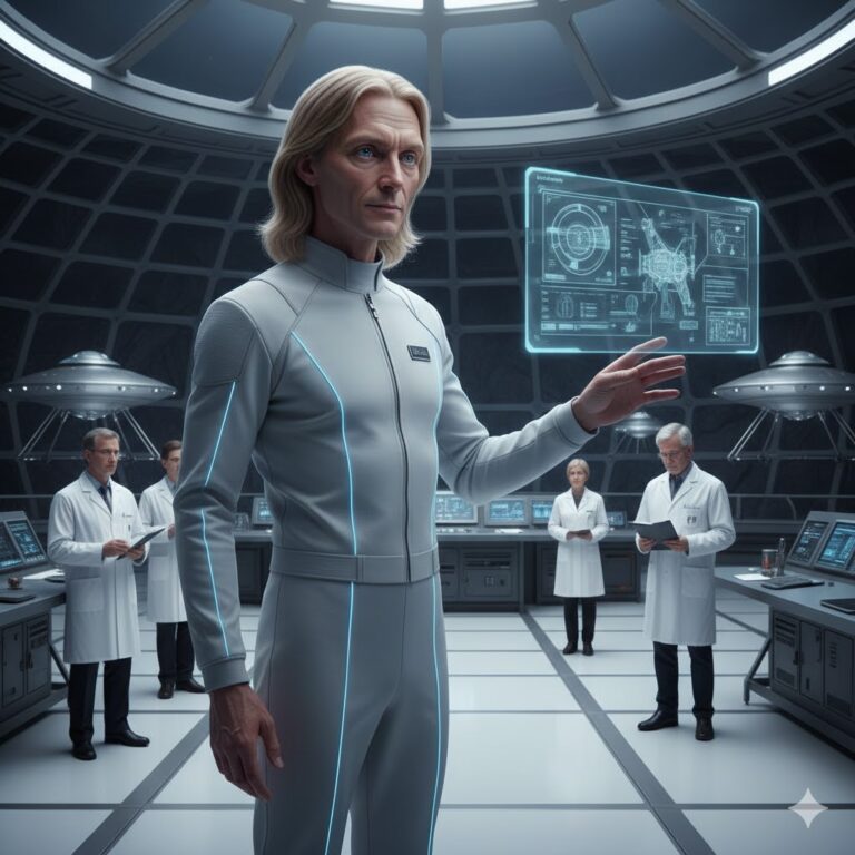 A Benevolent alien teacher from Alpha Centauri standing in a high-tech lab at the S-4 facility working with human scientists.