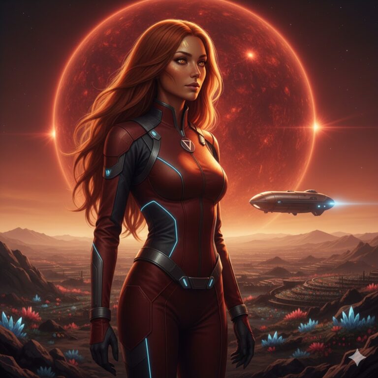 A humanoid Bernarian with reddish-orange hair standing on a planet orbiting the red dwarf Barnard's Star.