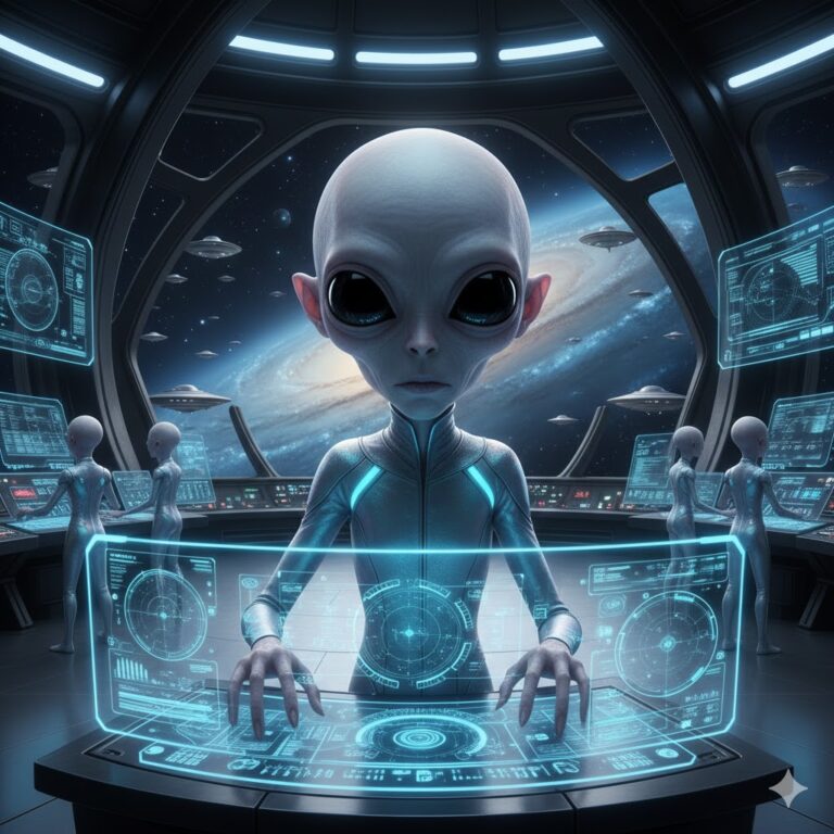 A Biavian humanoid standing at a glowing control console inside a massive interstellar mothership.