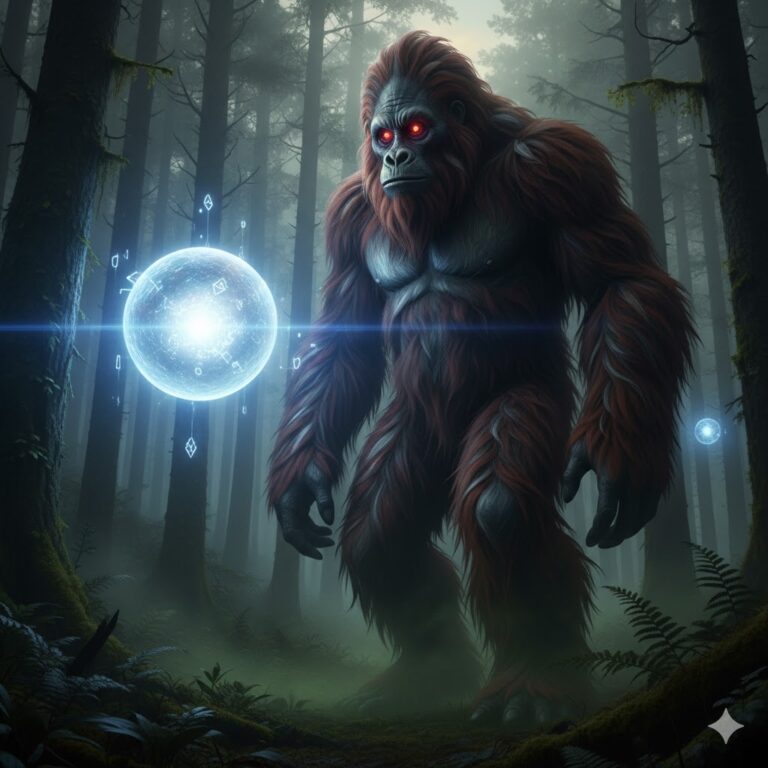 A BigFoot Alien standing next to a glowing light orb in a dense forest representing interdimensional travel.
