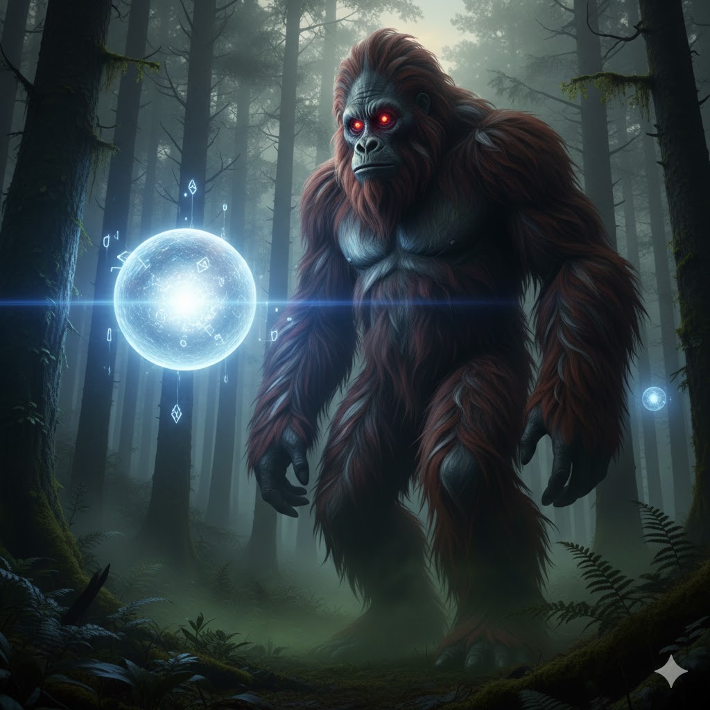 A BigFoot Alien standing next to a glowing light orb in a dense forest representing interdimensional travel.