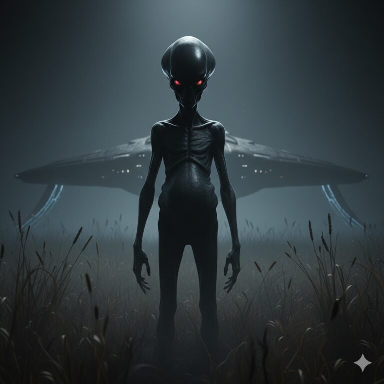 A 2-meter tall Black Grey alien with obsidian skin standing in a dark field with a wing-shaped craft in the background.